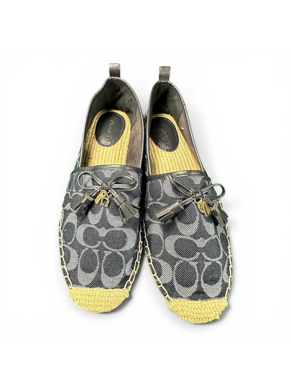 Coach Signature Denim Espadrille Flats Tassel Bow Loafers Women’s Size 11B